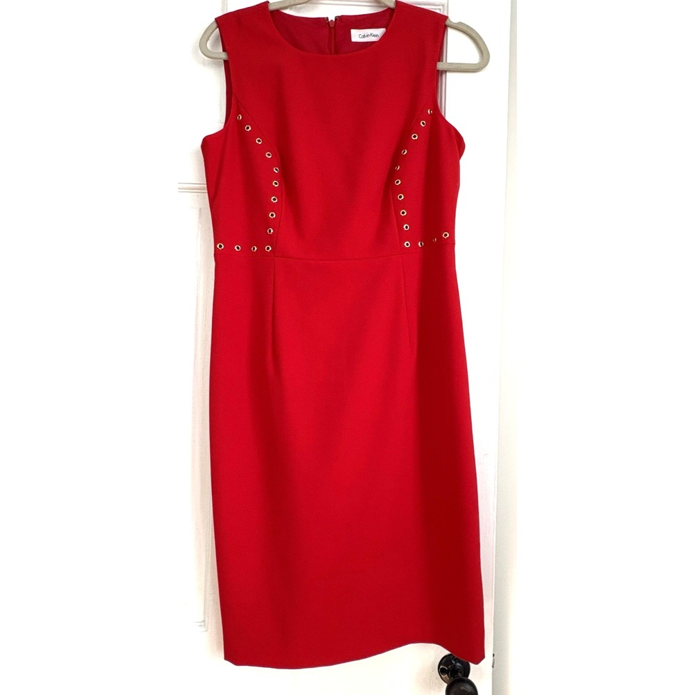 Calvin Klein Red Sleeveless Sheath Dress Gold Grommet Detail Size 8 Womens